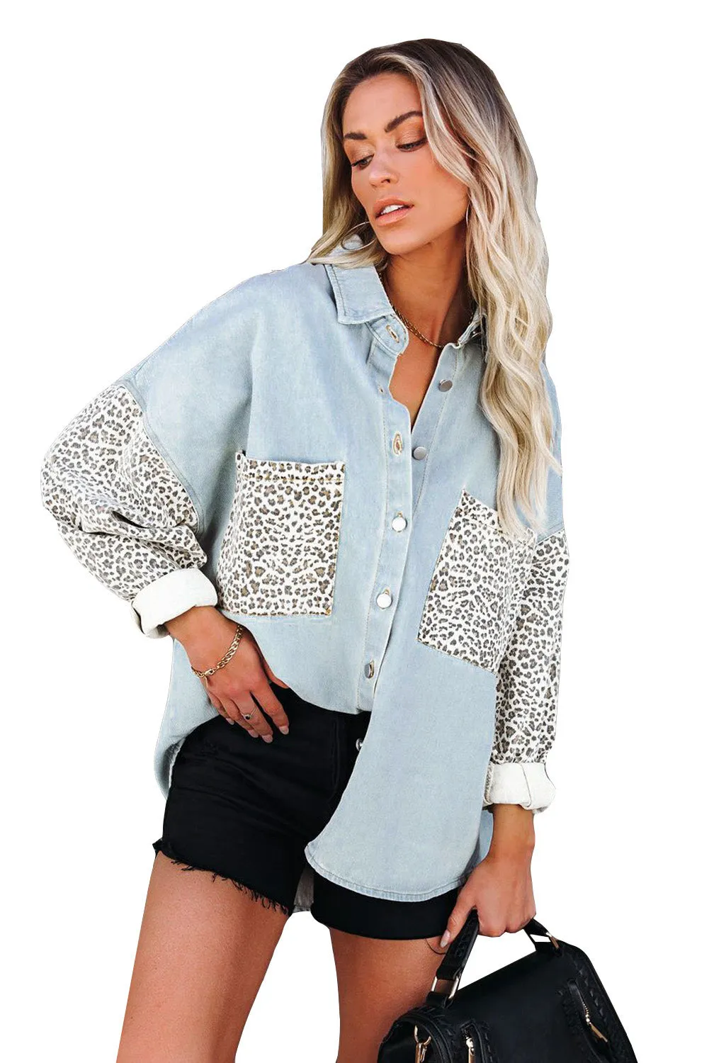 Leopard Print Rolled Sleeves Button Up Denim Jacket