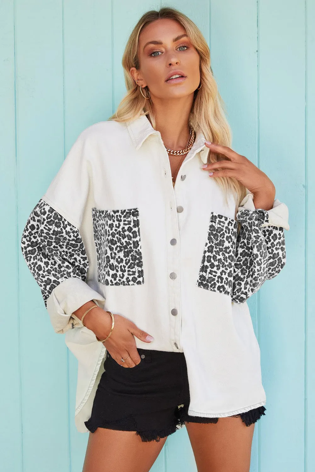 Leopard Print Rolled Sleeves Button Up Denim Jacket
