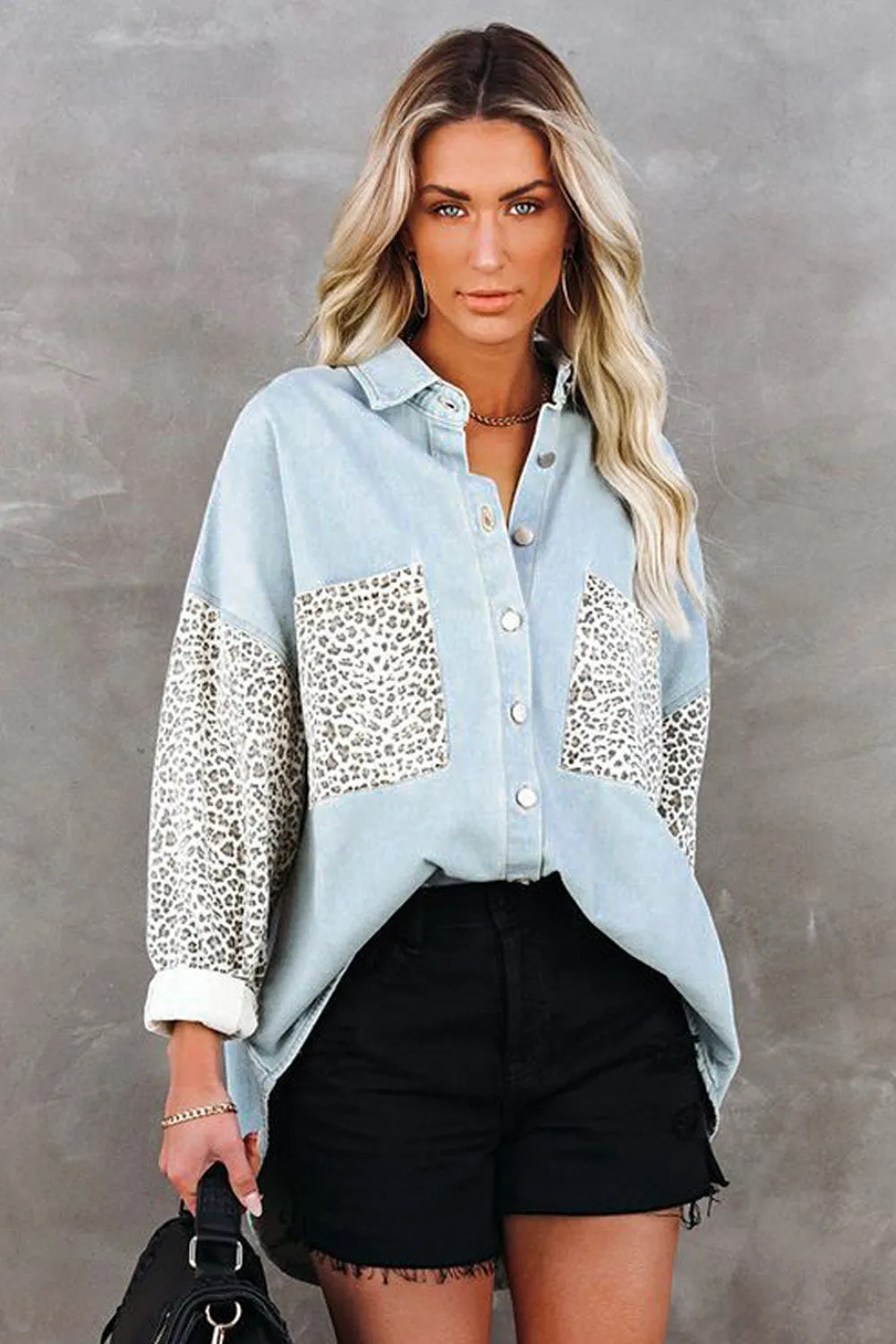 Leopard Print Rolled Sleeves Button Up Denim Jacket