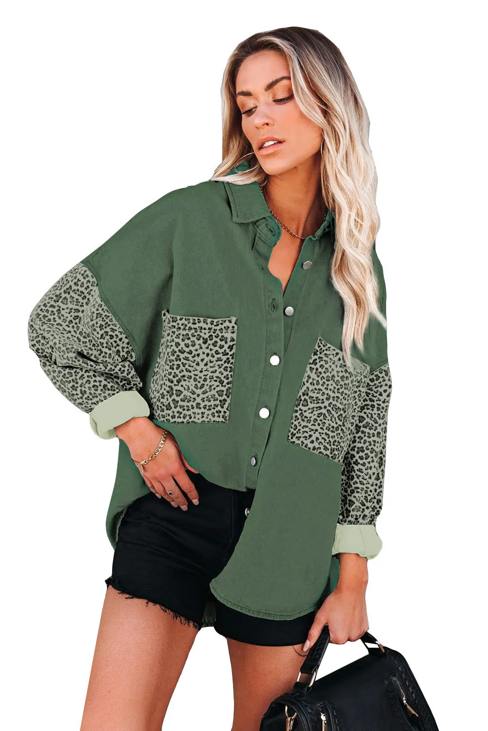 Leopard Print Rolled Sleeves Button Up Denim Jacket