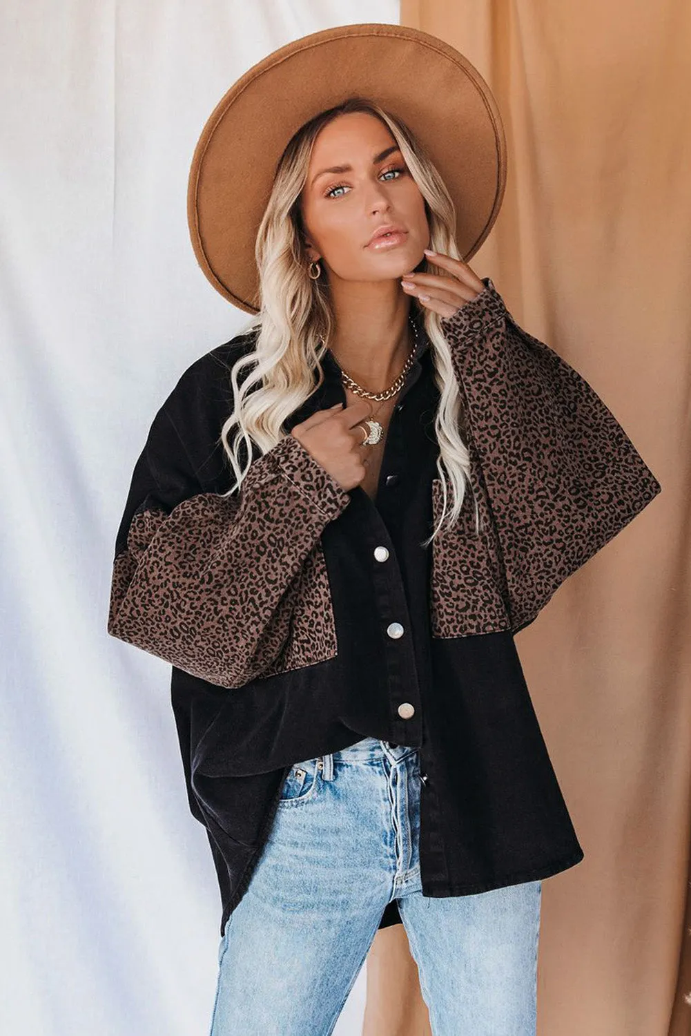 Leopard Print Rolled Sleeves Button Up Denim Jacket