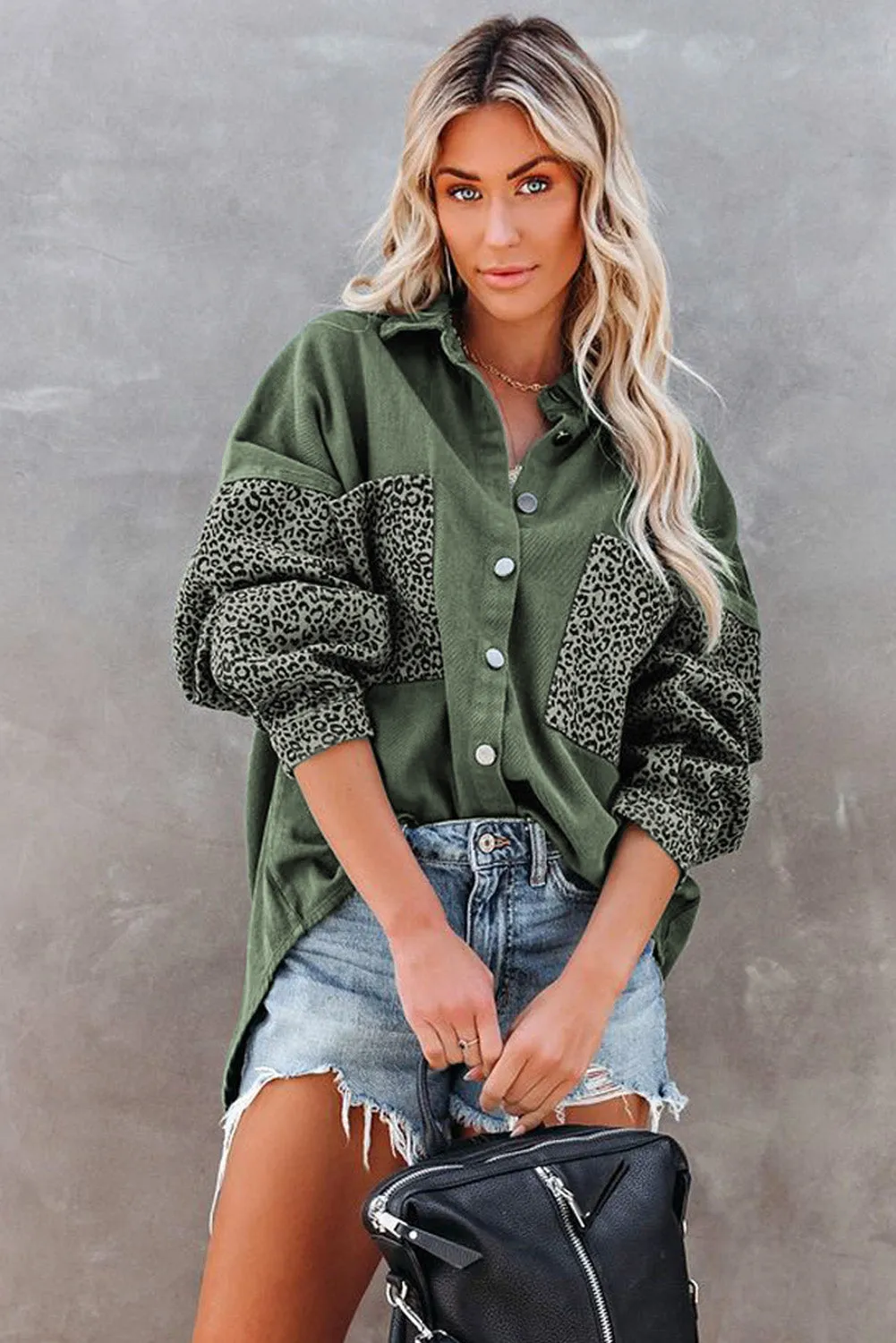Leopard Print Rolled Sleeves Button Up Denim Jacket