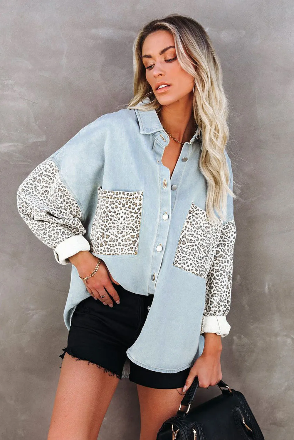 Leopard Print Rolled Sleeves Button Up Denim Jacket