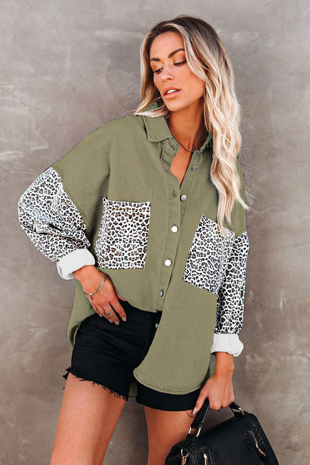 Leopard Print Rolled Sleeves Button Up Denim Jacket