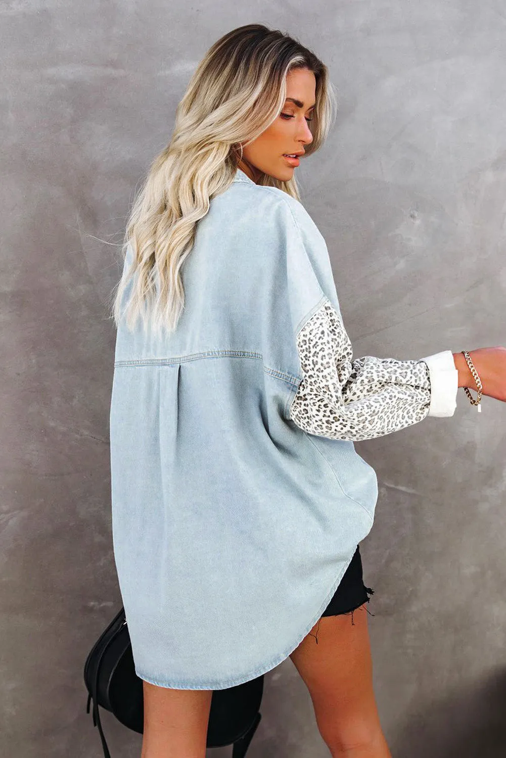 Leopard Print Rolled Sleeves Button Up Denim Jacket