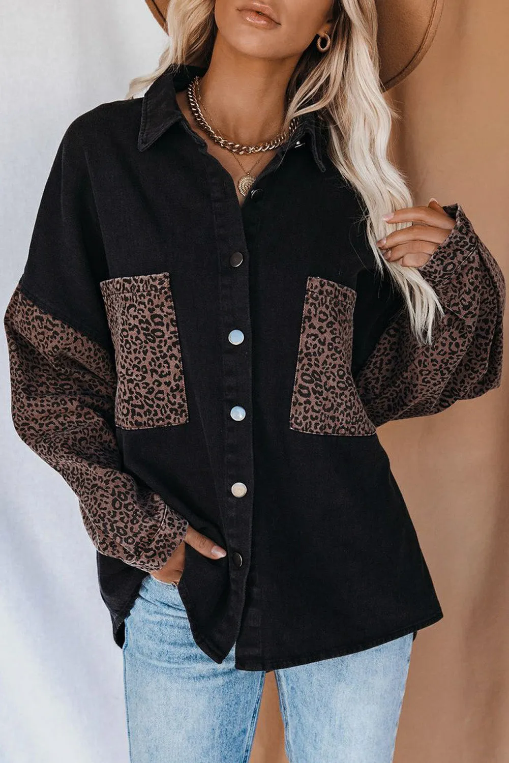 Leopard Print Rolled Sleeves Button Up Denim Jacket