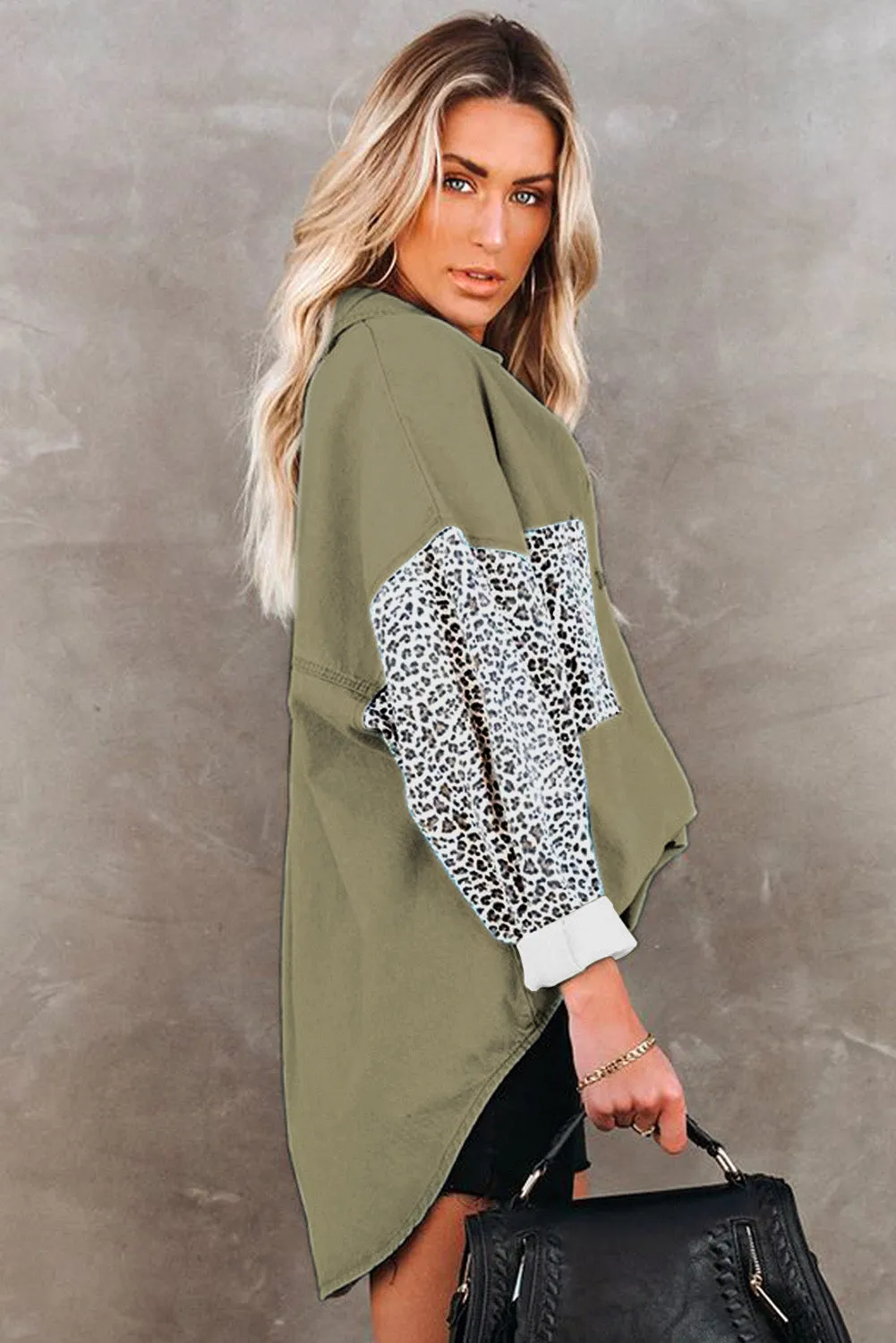 Leopard Print Rolled Sleeves Button Up Denim Jacket