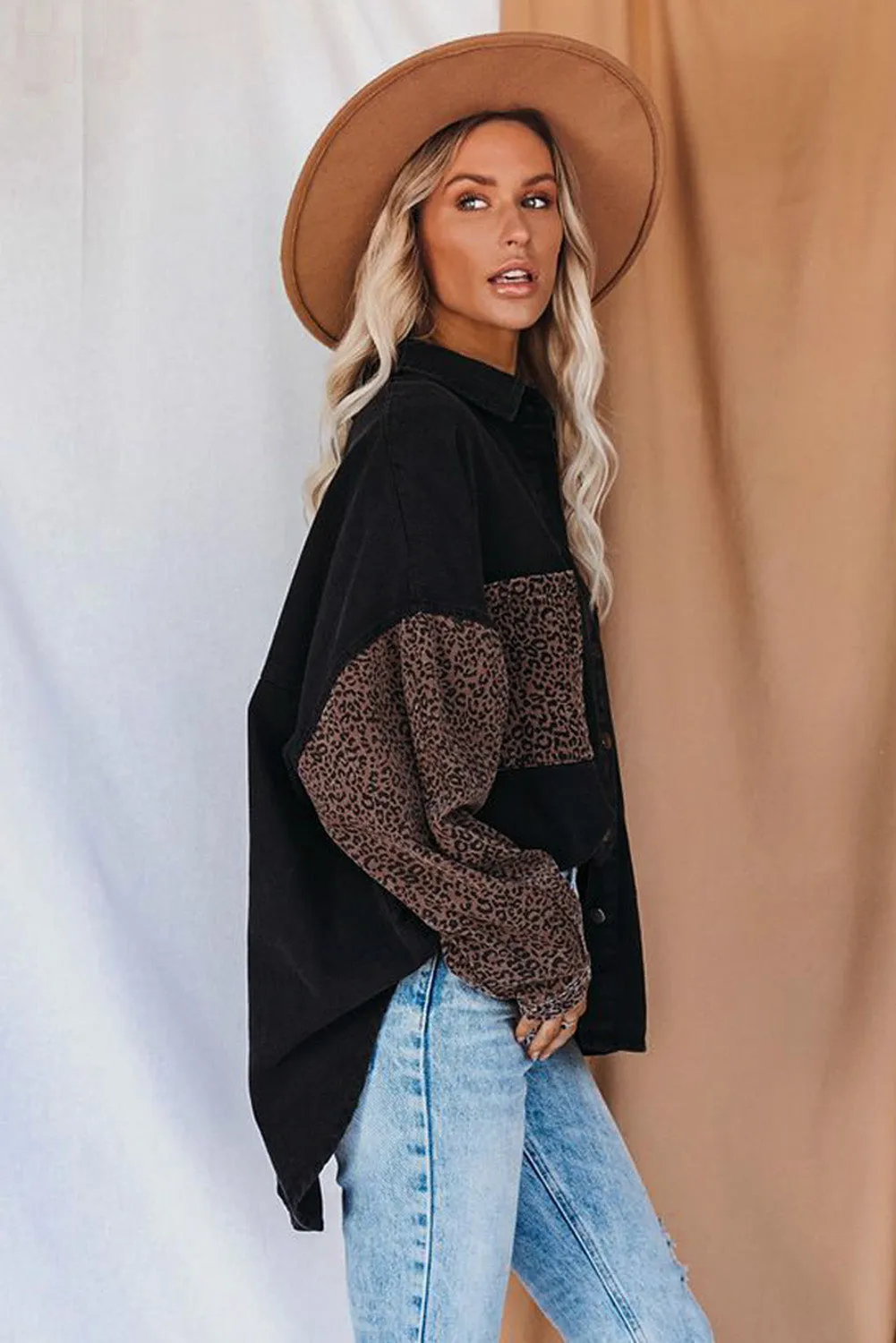 Leopard Print Rolled Sleeves Button Up Denim Jacket