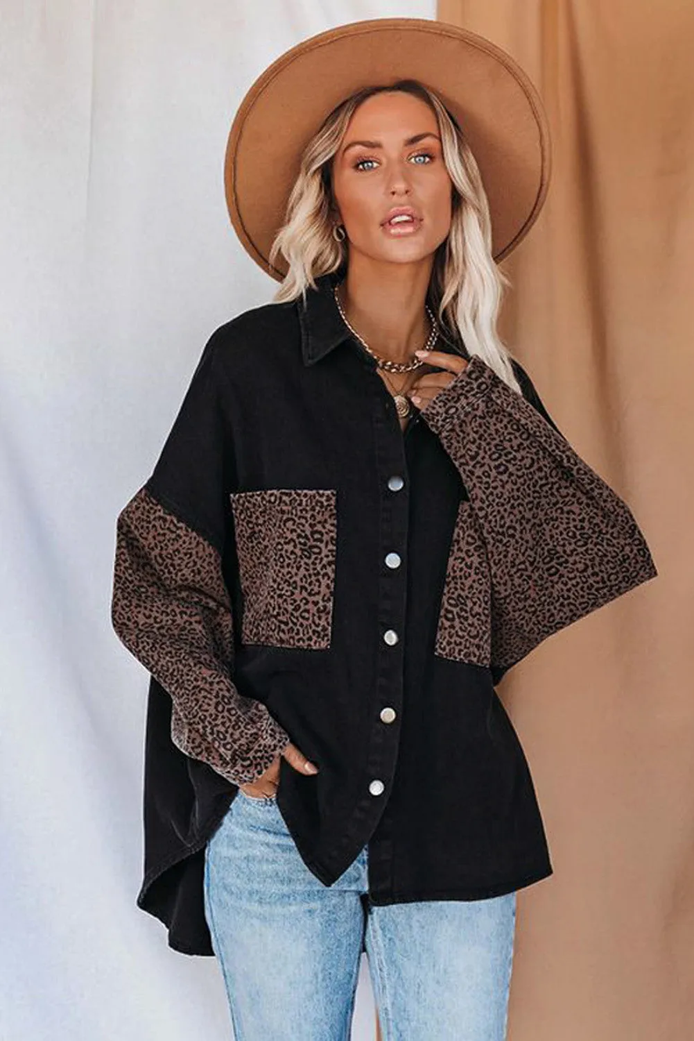 Leopard Print Rolled Sleeves Button Up Denim Jacket