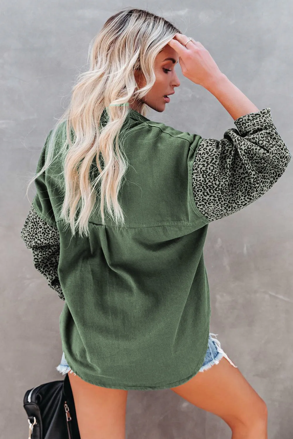 Leopard Print Rolled Sleeves Button Up Denim Jacket