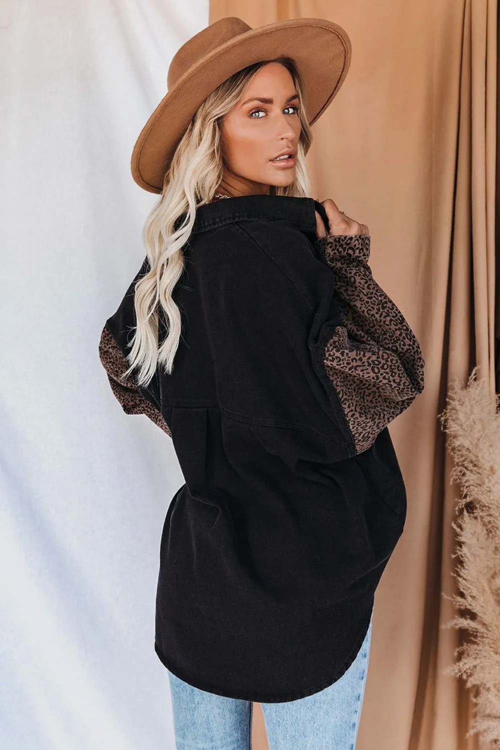 Leopard Print Rolled Sleeves Button Up Denim Jacket