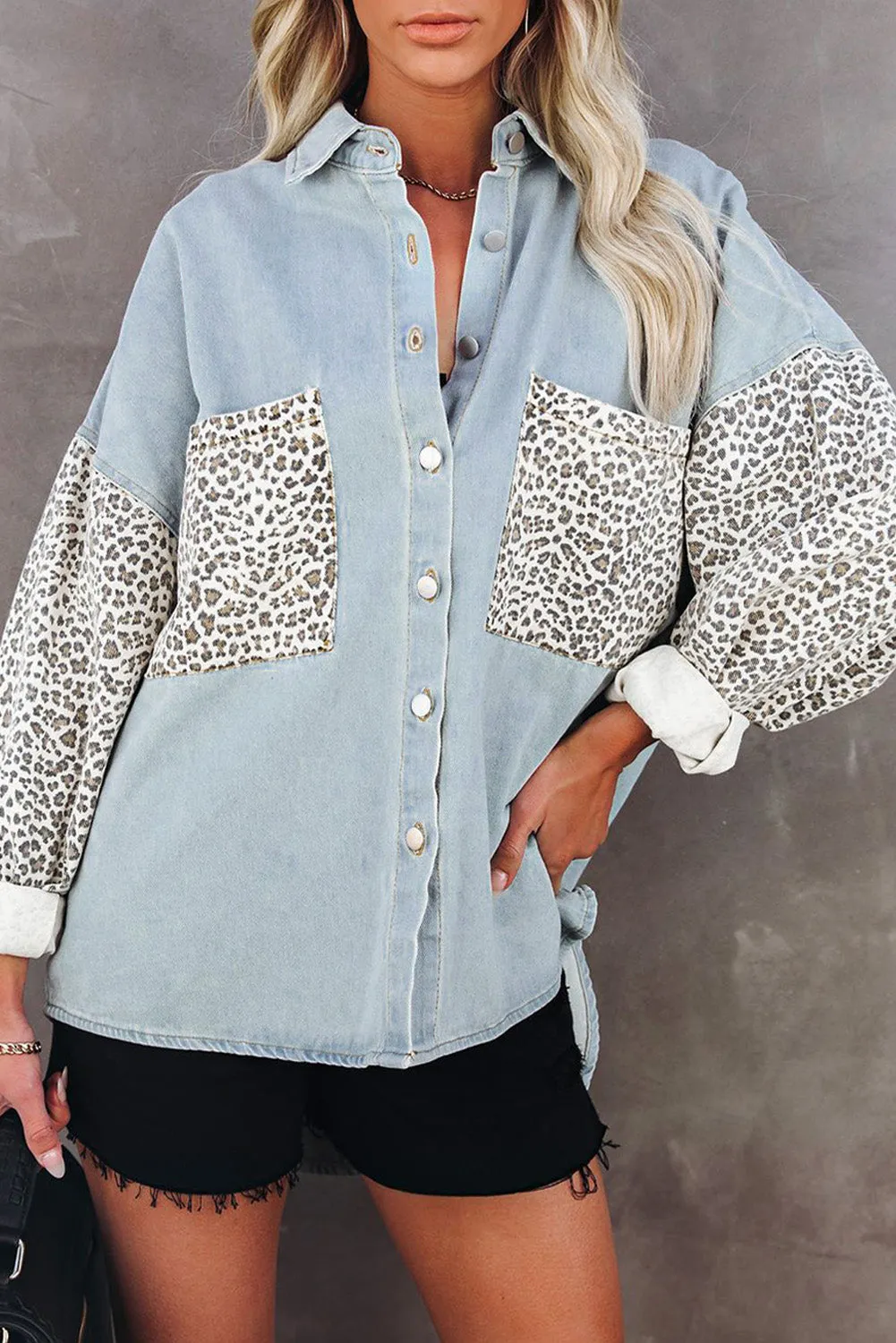 Leopard Print Rolled Sleeves Button Up Denim Jacket