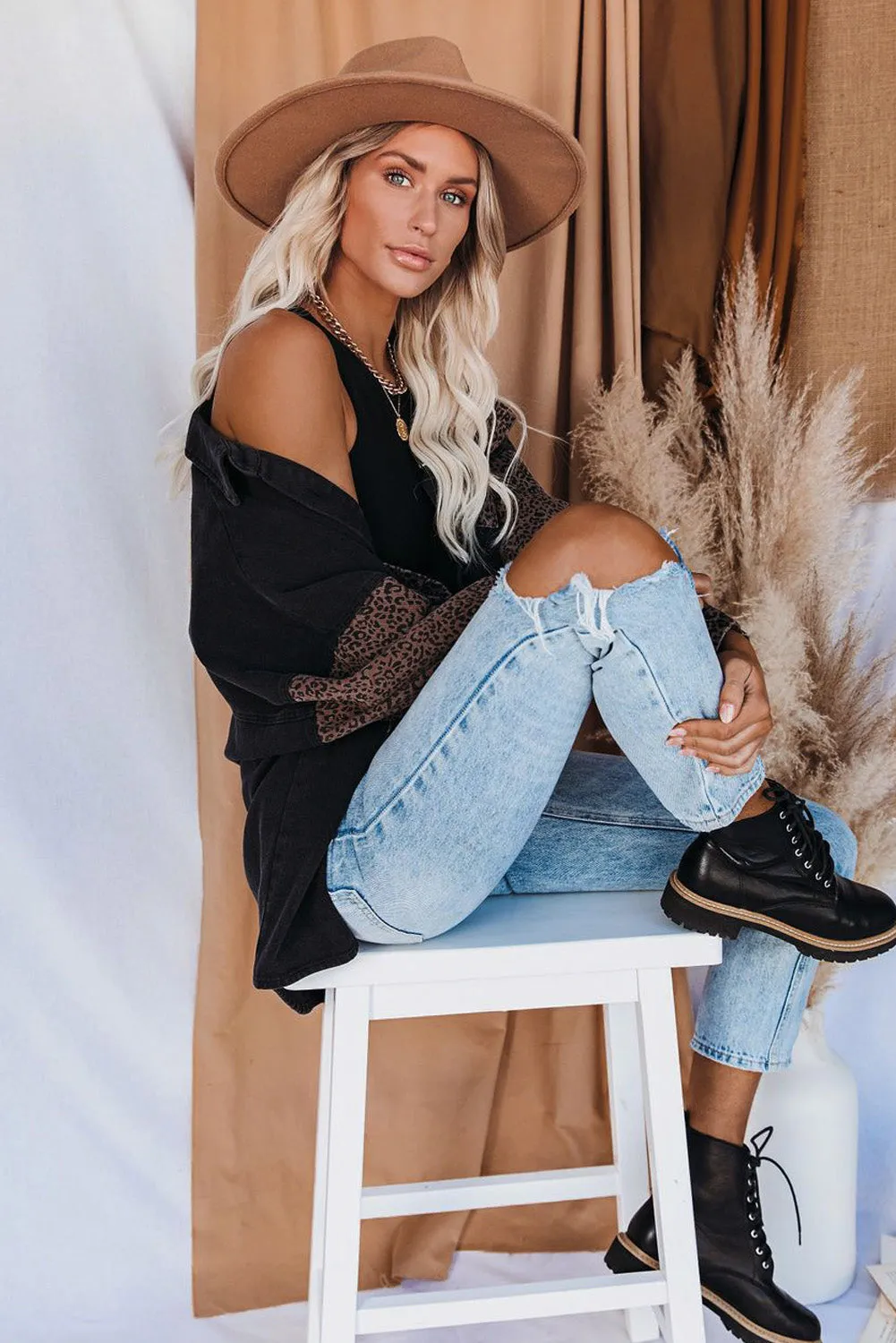 Leopard Print Rolled Sleeves Button Up Denim Jacket