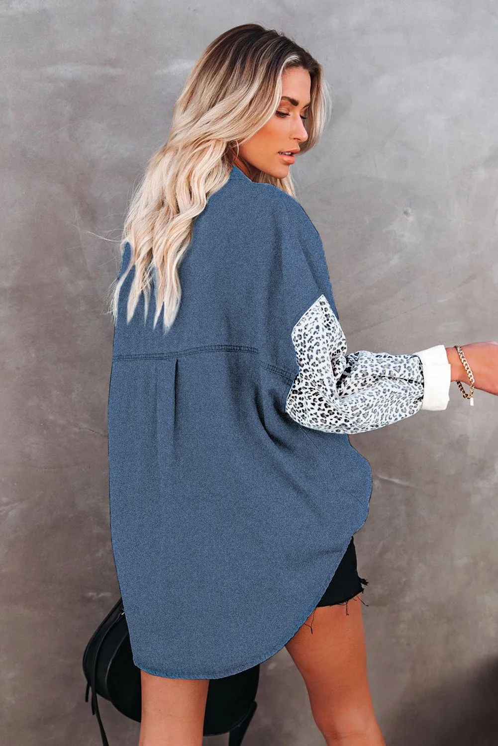 Leopard Print Rolled Sleeves Button Up Denim Jacket
