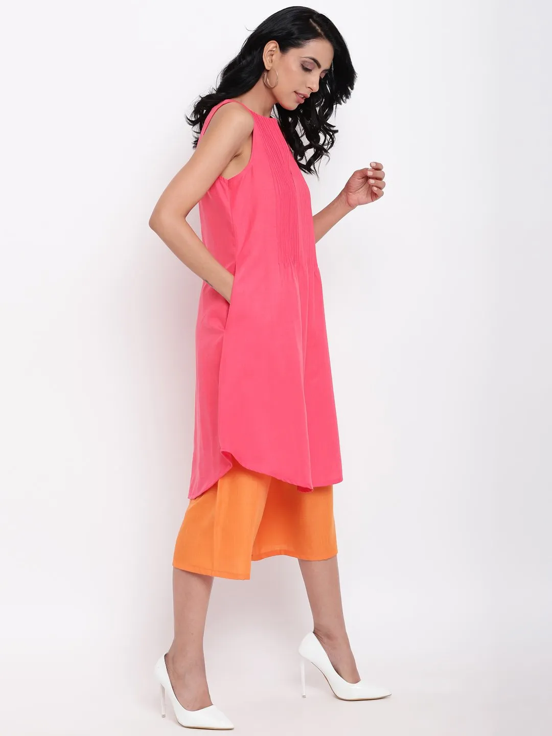 Linen Cotton Pink Pin-Tucks Kurta Orange Pant