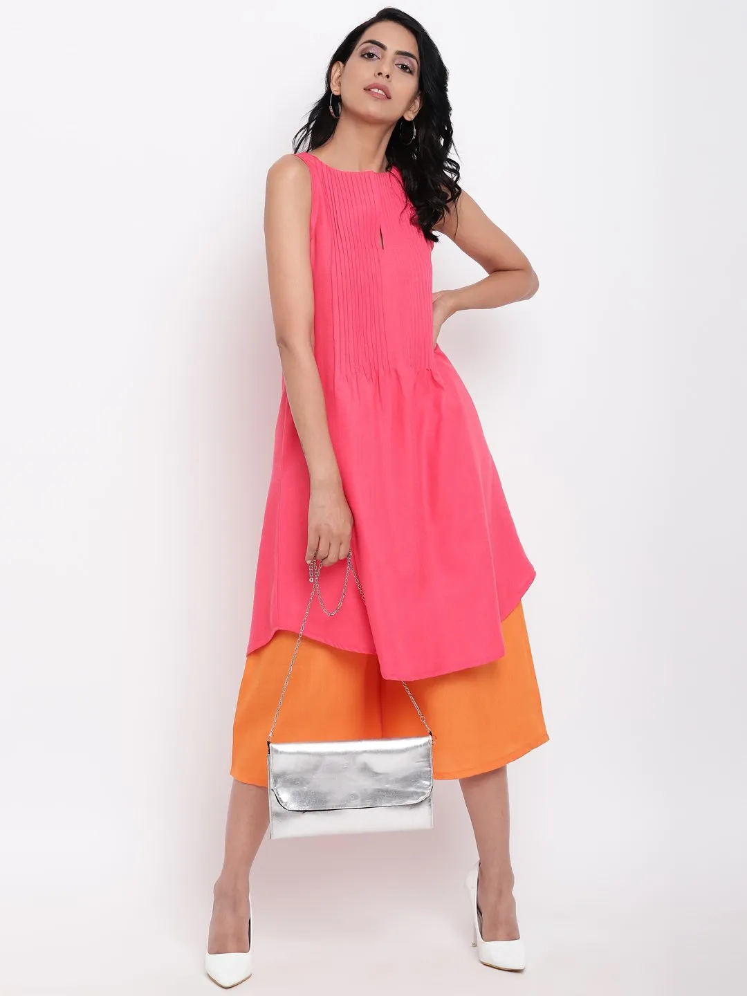Linen Cotton Pink Pin-Tucks Kurta Orange Pant