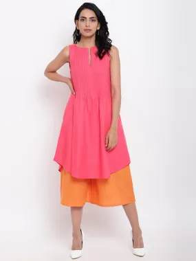 Linen Cotton Pink Pin-Tucks Kurta Orange Pant