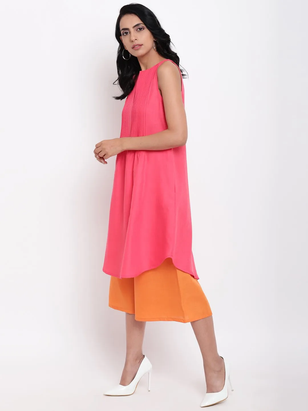 Linen Cotton Pink Pin-Tucks Kurta Orange Pant