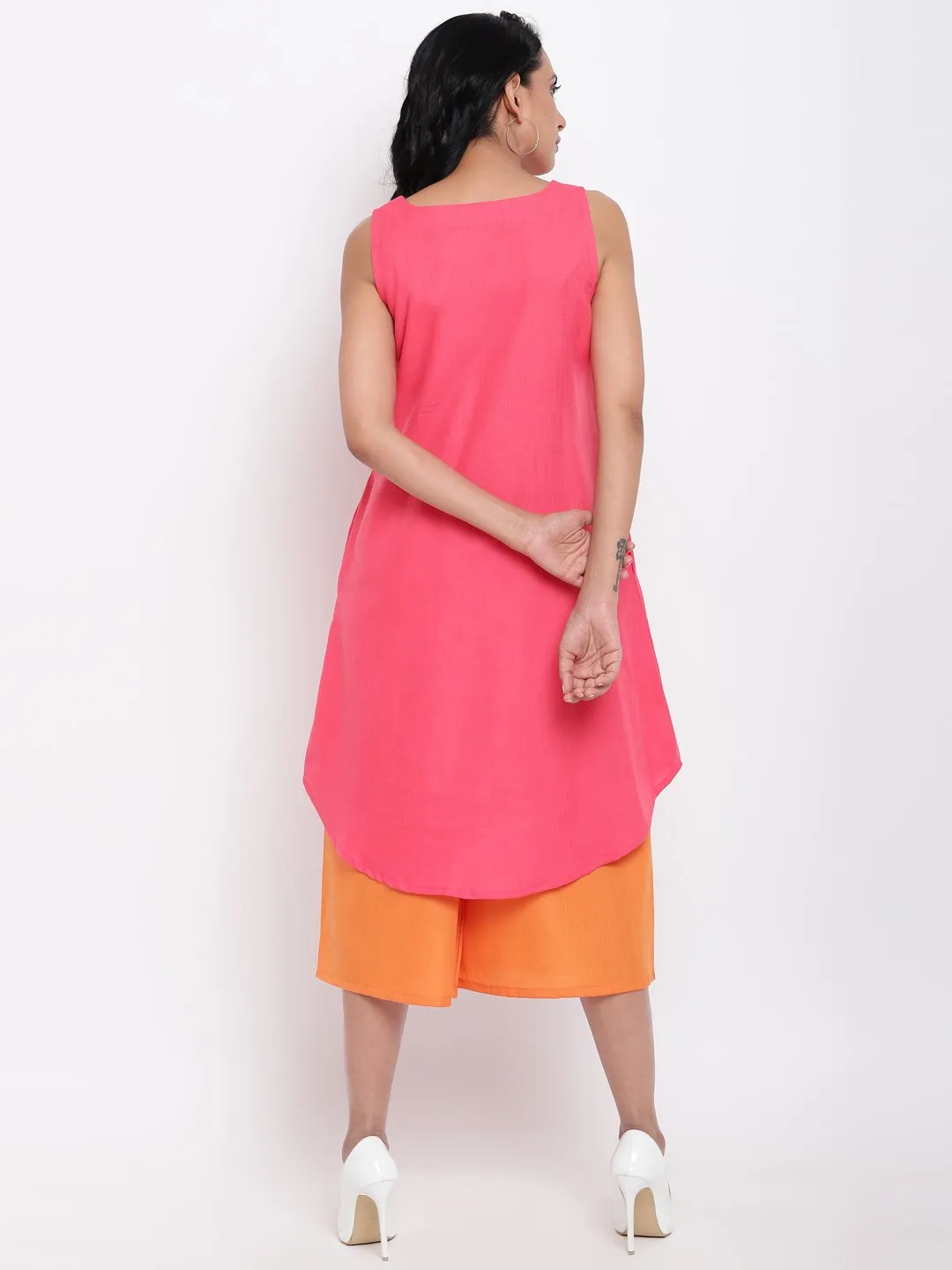 Linen Cotton Pink Pin-Tucks Kurta Orange Pant