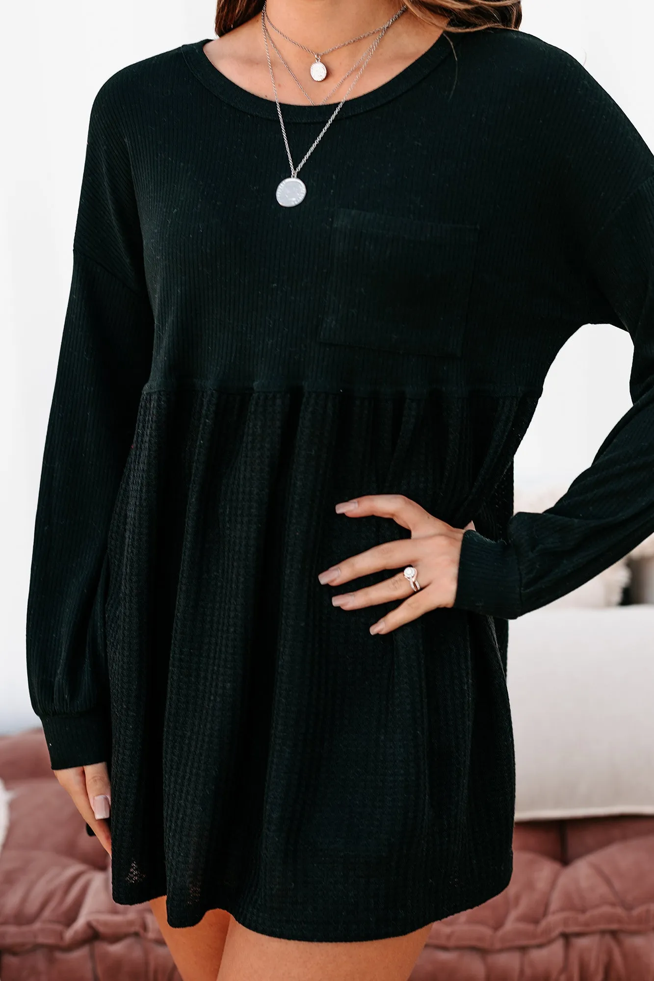 Lively Spirit Mixed Knit Tunic Top (Black)
