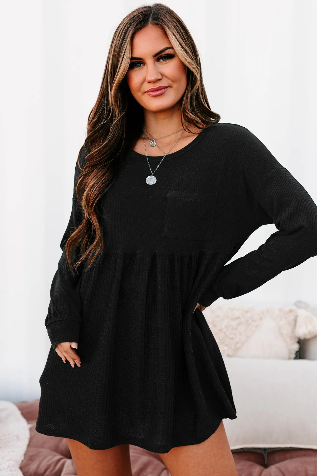 Lively Spirit Mixed Knit Tunic Top (Black)
