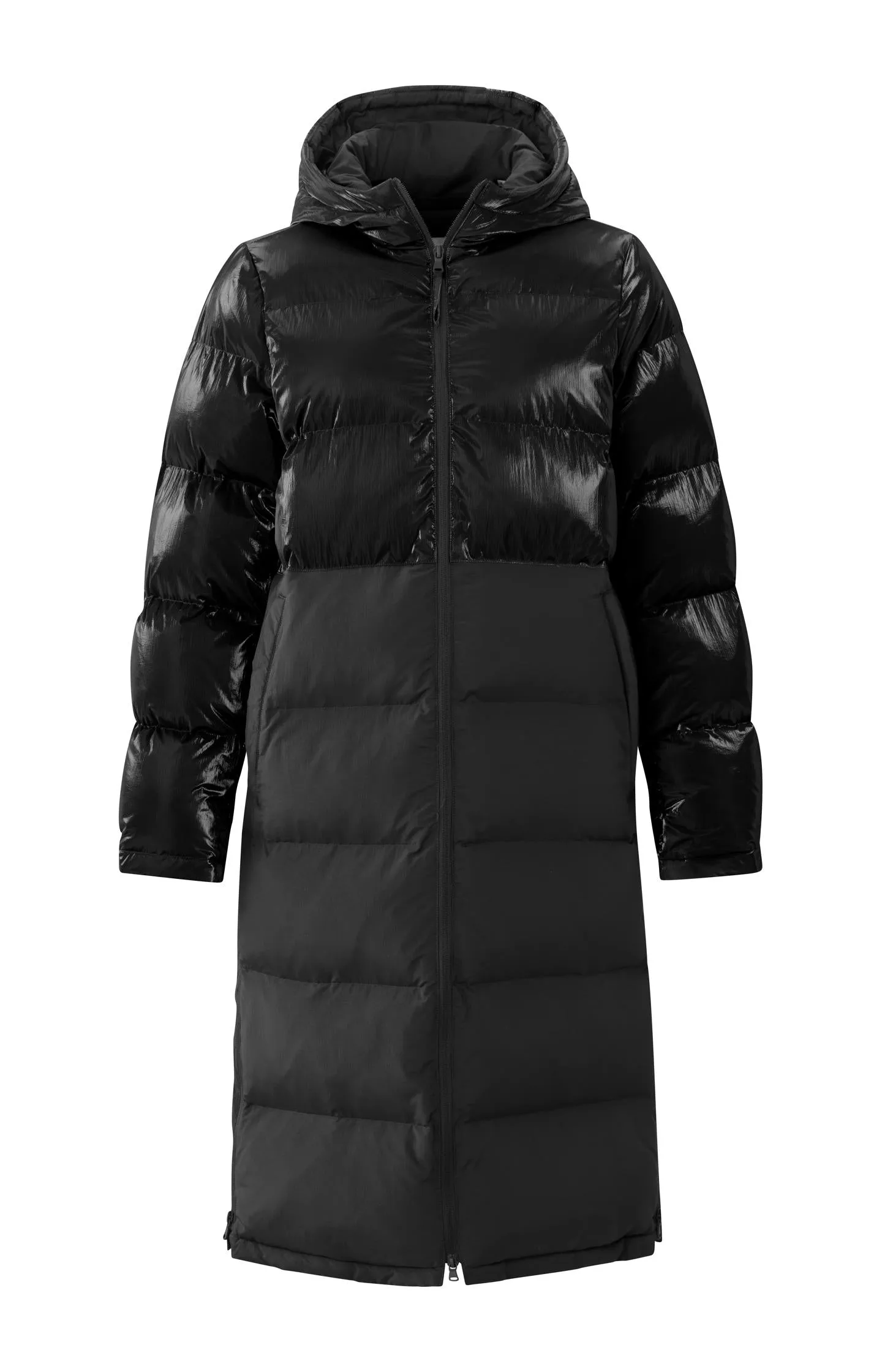 Long puffer jacket with long sleeves, hoodie and pockets