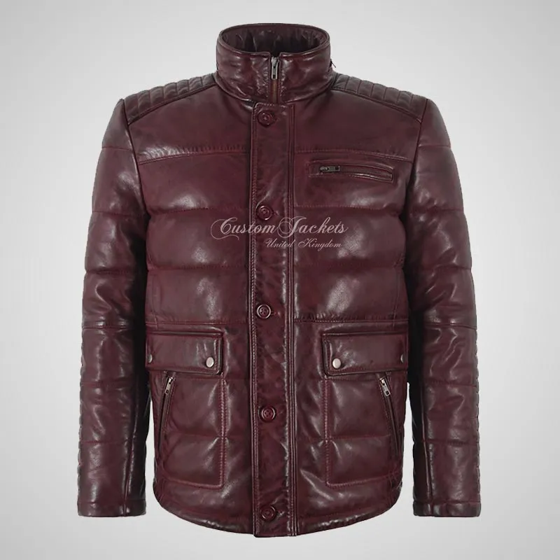 MAROON Padded Leather Jacket For Mens Soft Leather Puffer