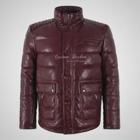 MAROON Padded Leather Jacket For Mens Soft Leather Puffer