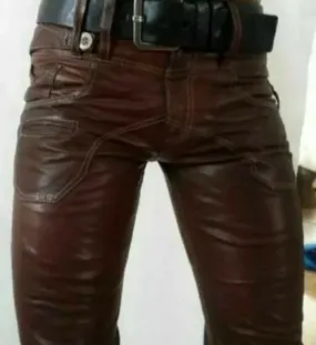 Men's Brown Genuine Leather slim fit Biker trouser pants