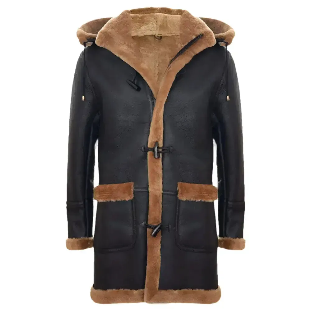 Men's Classic Genuine Shearling Sheepskin Duffle Coat