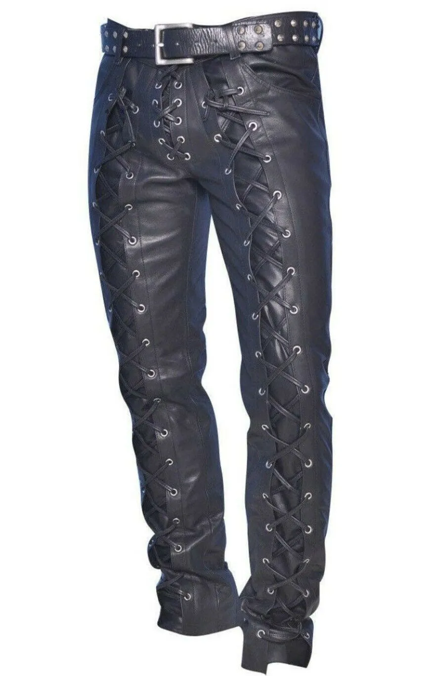 Men's Genuine Leather Laced Biker trouser pants