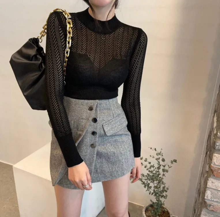 Mock Neck Chevron Mesh Knit Top