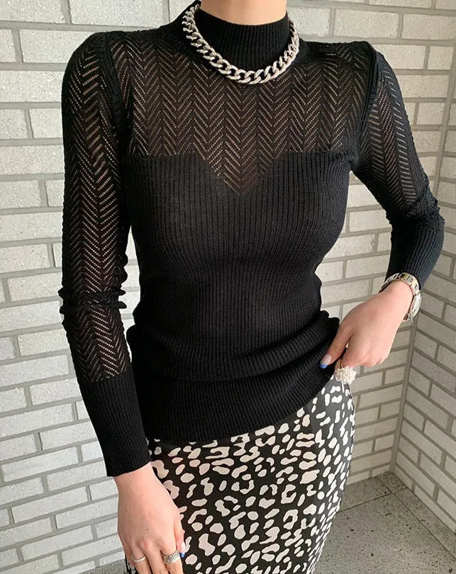 Mock Neck Chevron Mesh Knit Top
