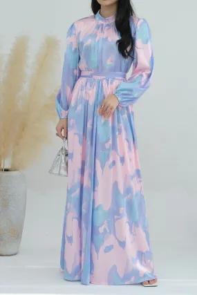 Nafisa Tie-Dye Lantern Sleeve Maxi Dress Abaya with High Collar and Belt 720