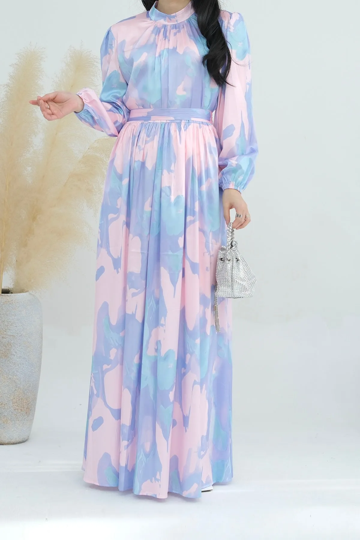 Nafisa Tie-Dye Lantern Sleeve Maxi Dress Abaya with High Collar and Belt 720