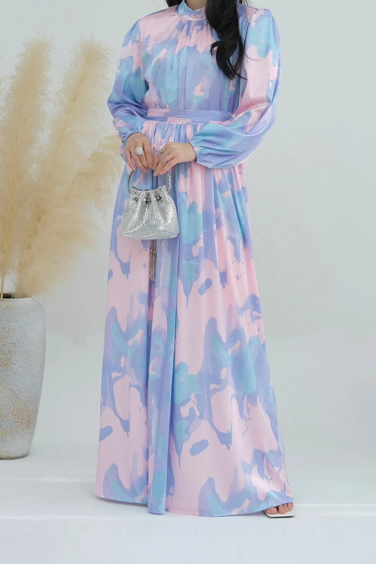 Nafisa Tie-Dye Lantern Sleeve Maxi Dress Abaya with High Collar and Belt 720