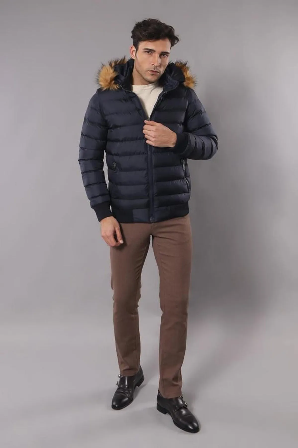 Navy Blue Hooded Men's Down Coat | Wessi