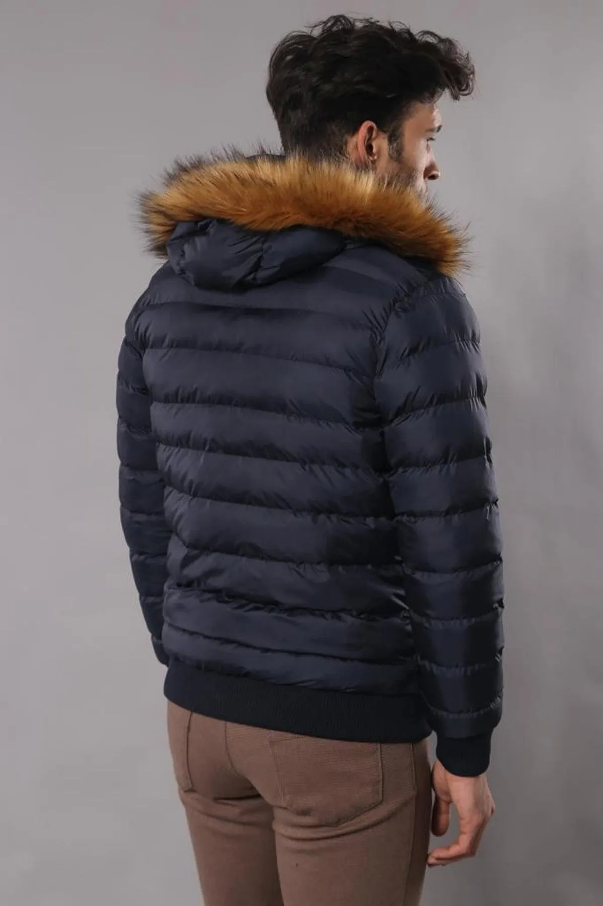 Navy Blue Hooded Men's Down Coat | Wessi