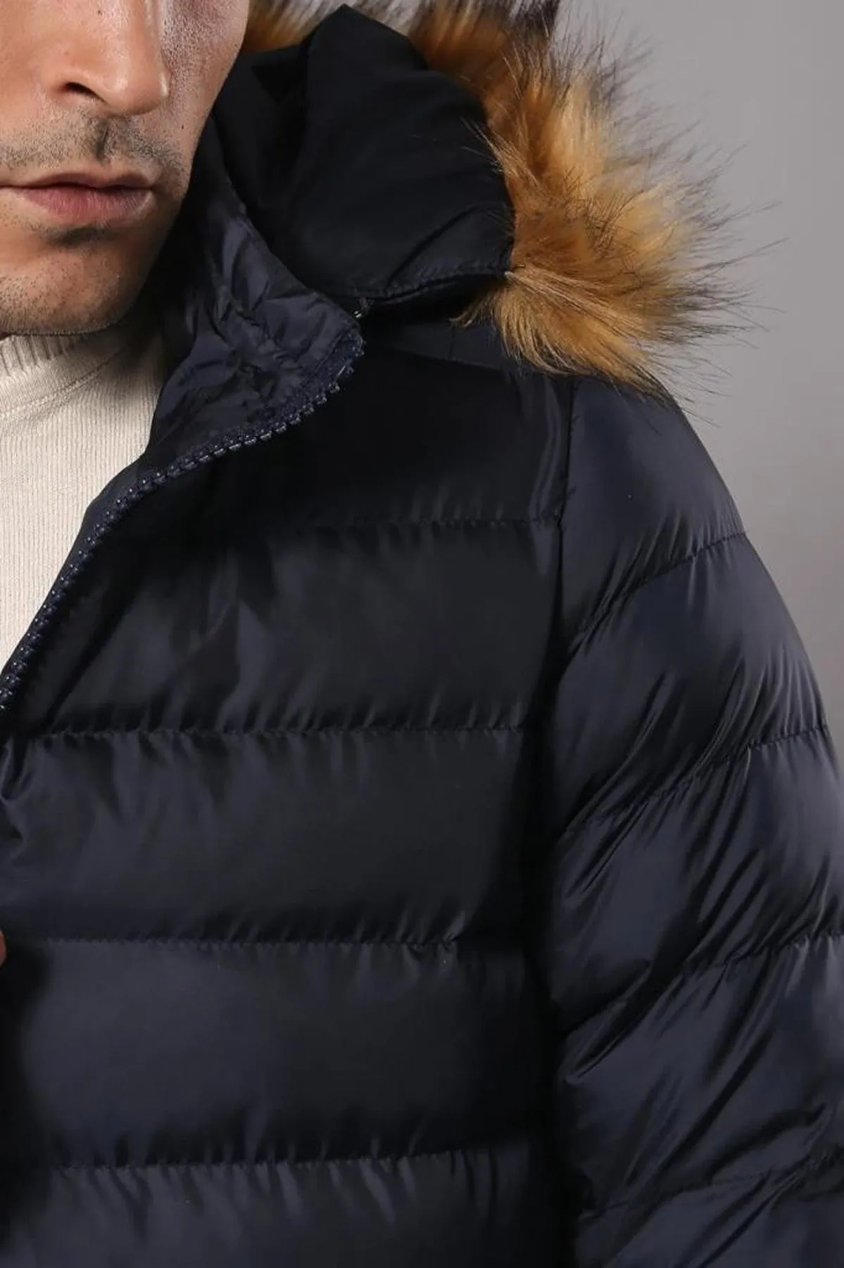 Navy Blue Hooded Men's Down Coat | Wessi