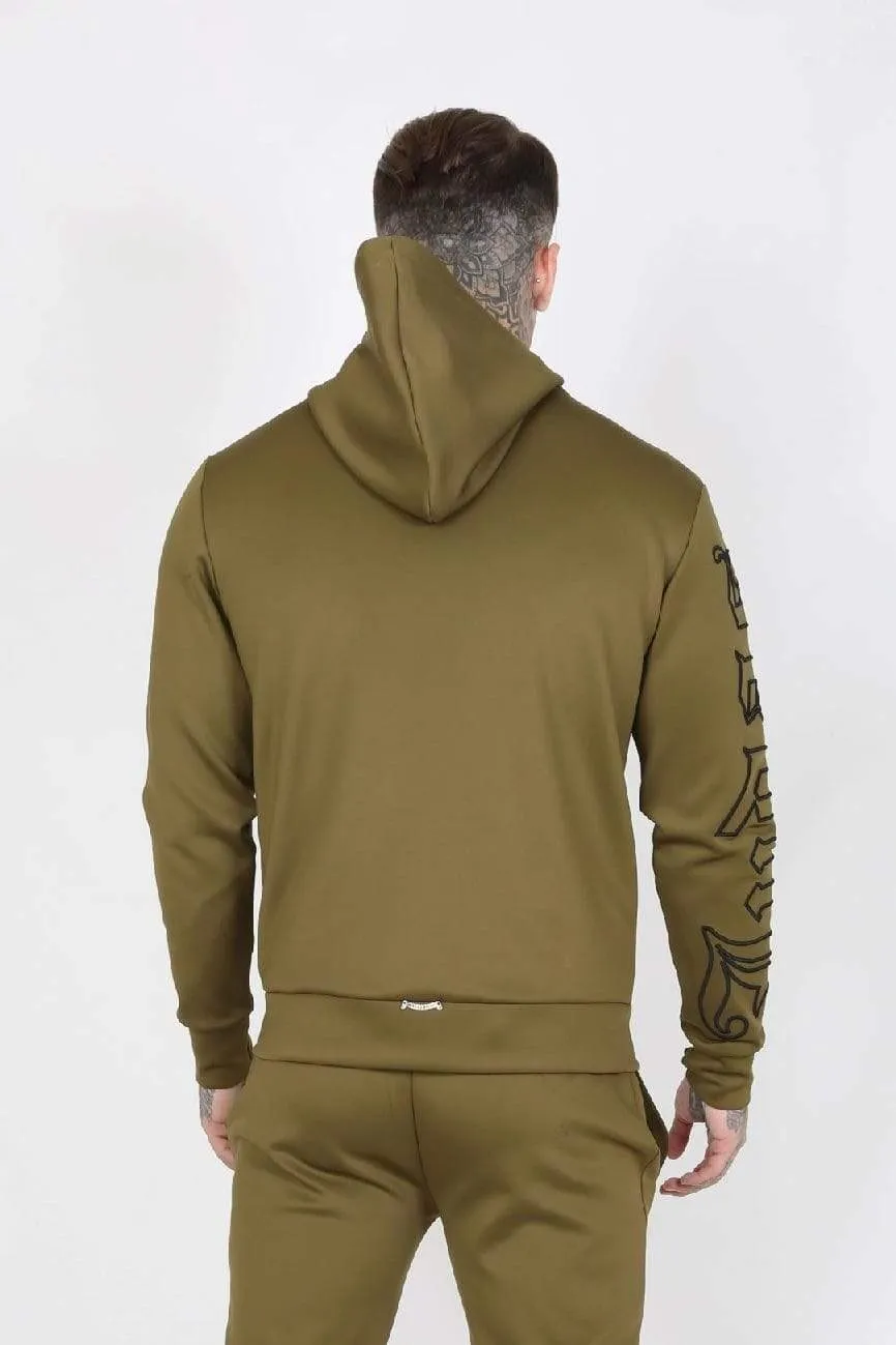 Outline Embroidery Scuba Zip Men's Hoodie - Khaki