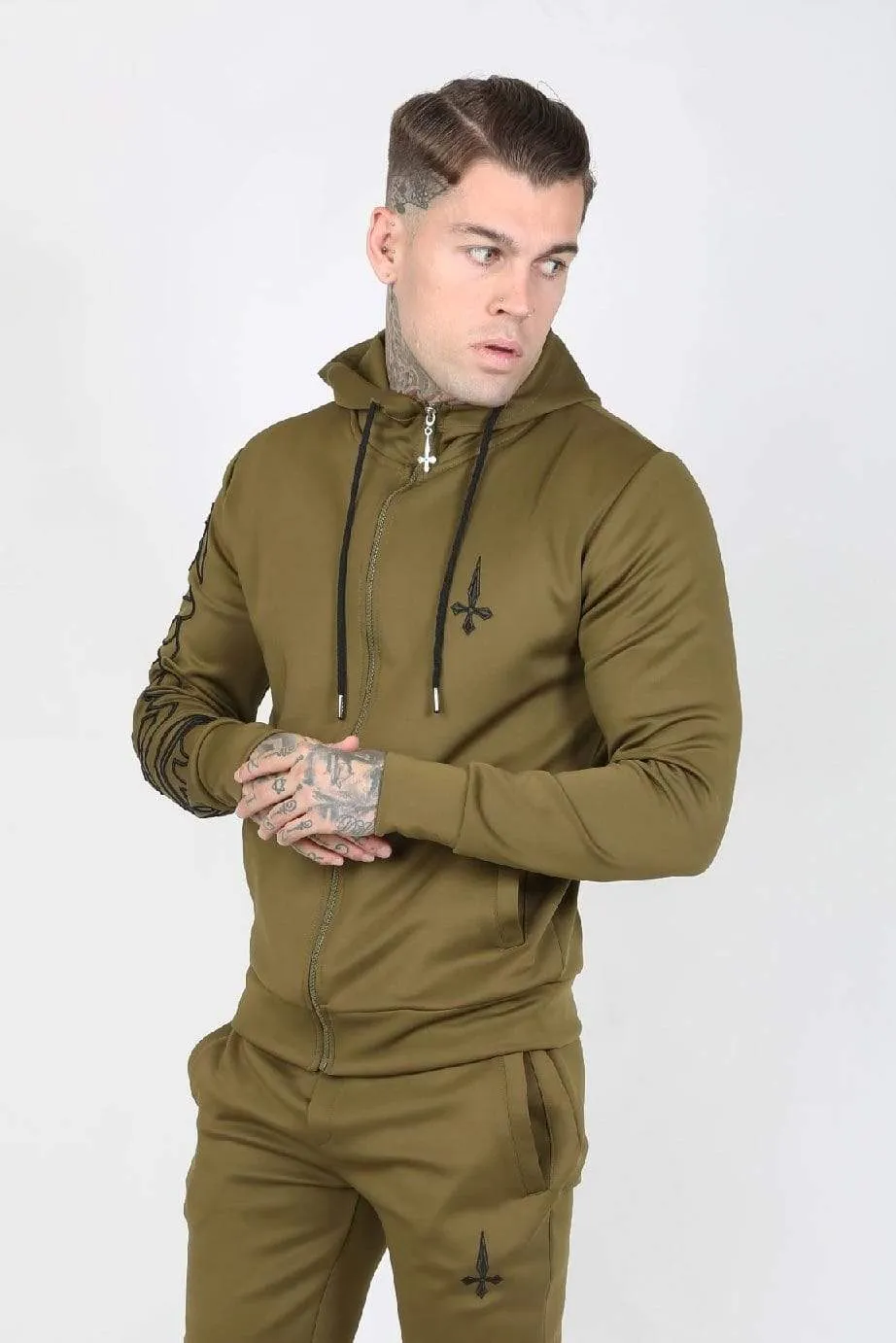 Outline Embroidery Scuba Zip Men's Hoodie - Khaki