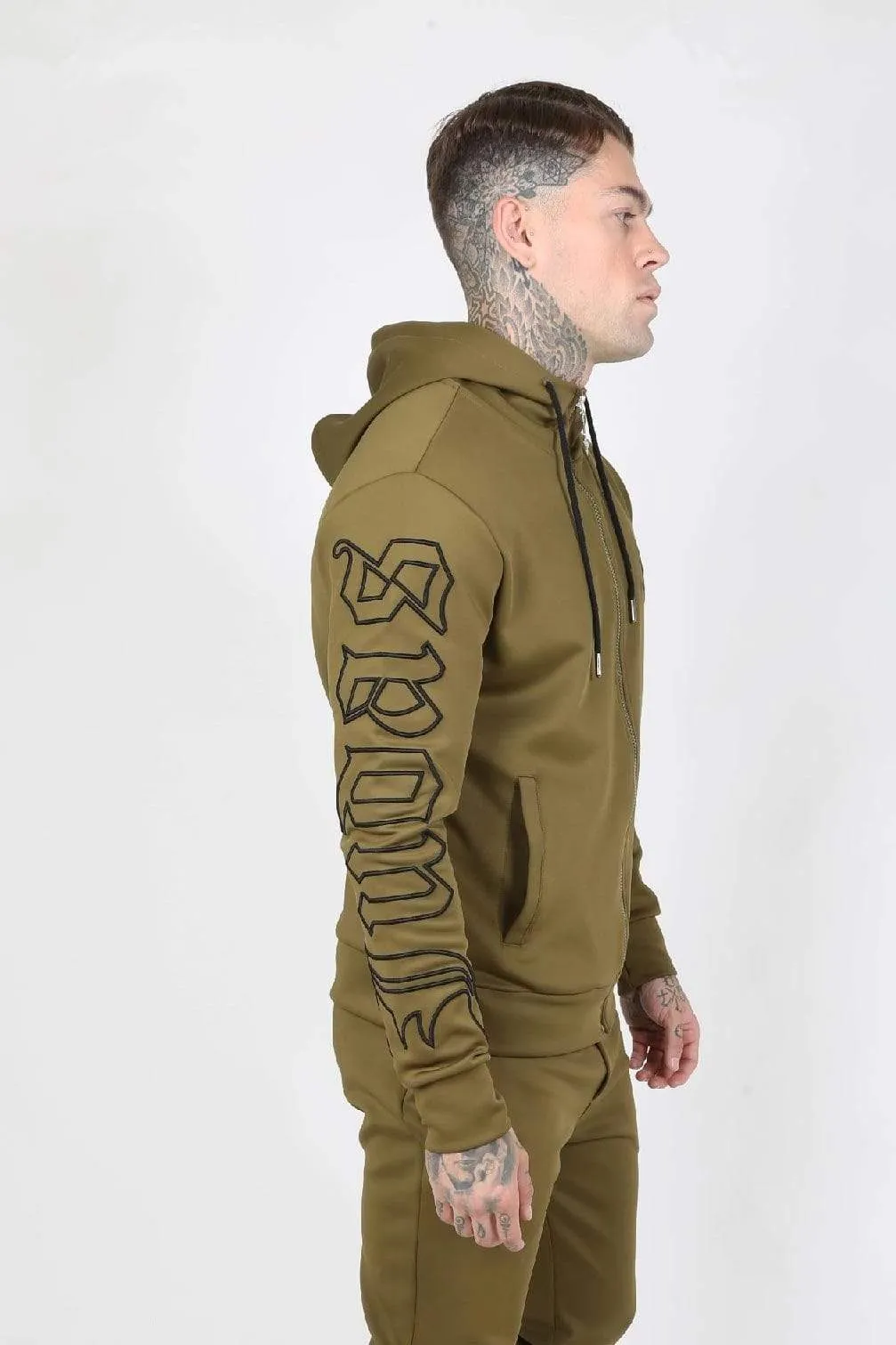Outline Embroidery Scuba Zip Men's Hoodie - Khaki