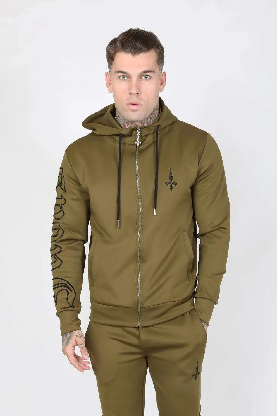 Outline Embroidery Scuba Zip Men's Hoodie - Khaki
