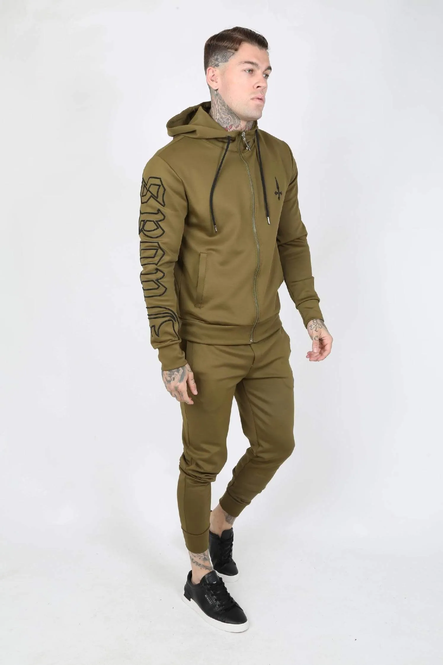 Outline Embroidery Scuba Zip Men's Hoodie - Khaki