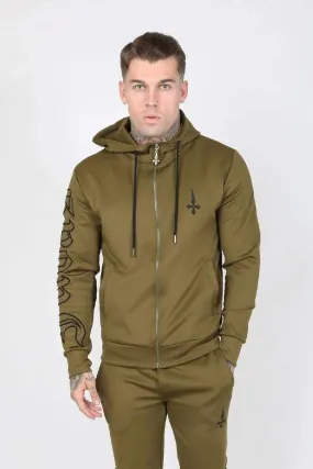 Outline Embroidery Scuba Zip Men's Hoodie - Khaki