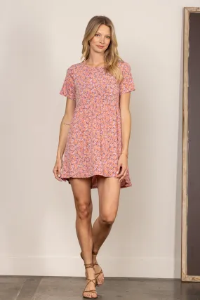 PEACH DITSY FLORAL BABYDOLL SHORT SLEEVES MINI DRESS D5105