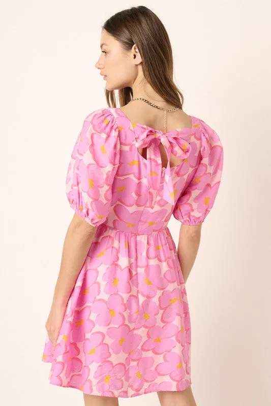 Pink Flower Print Tie Back Babydoll Dress