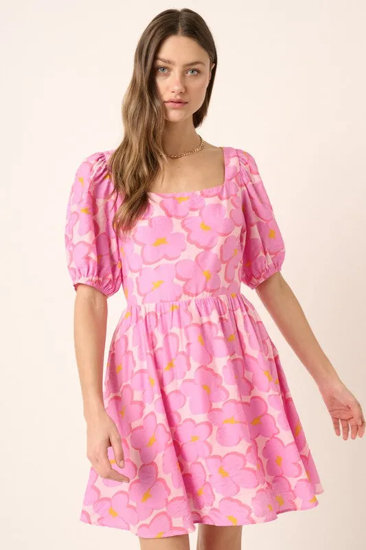 Pink Flower Print Tie Back Babydoll Dress