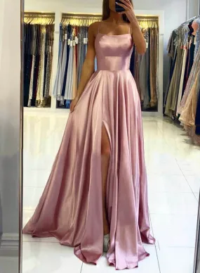Pink Spaghetti Strap Satin Long Prom Dress, A-Line Backless Evening Dress