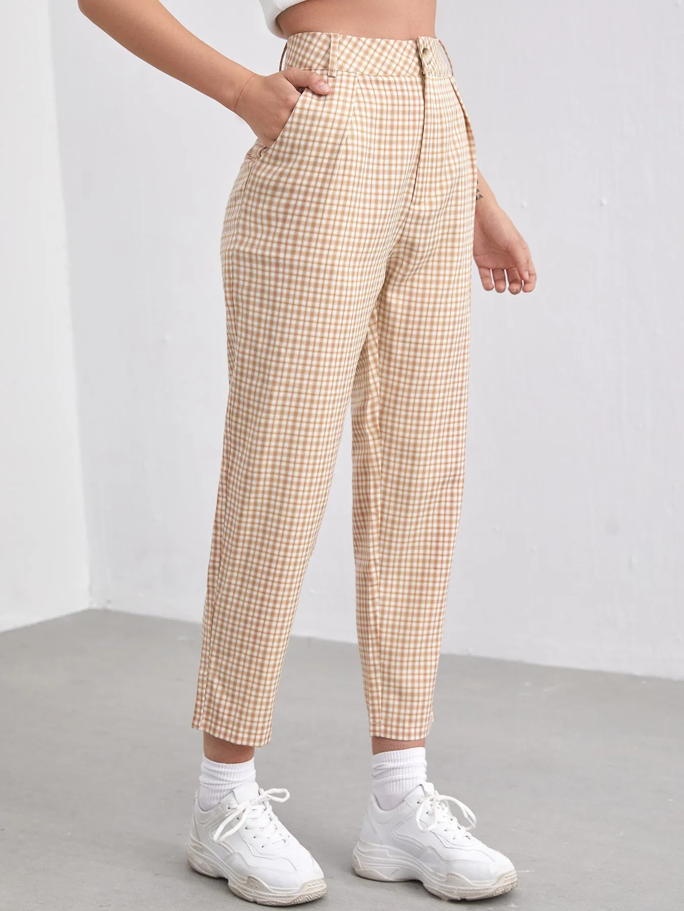 Preppy Plaid Zipper High Waist Cropped Women Pants